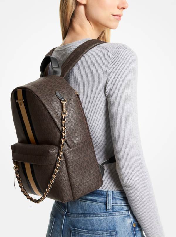 Damske Batohy Michael Kors Slater Medium Logo Stripe Hnede Čierne - Kabelky Michael Kors Akcia | ABKFV-8516